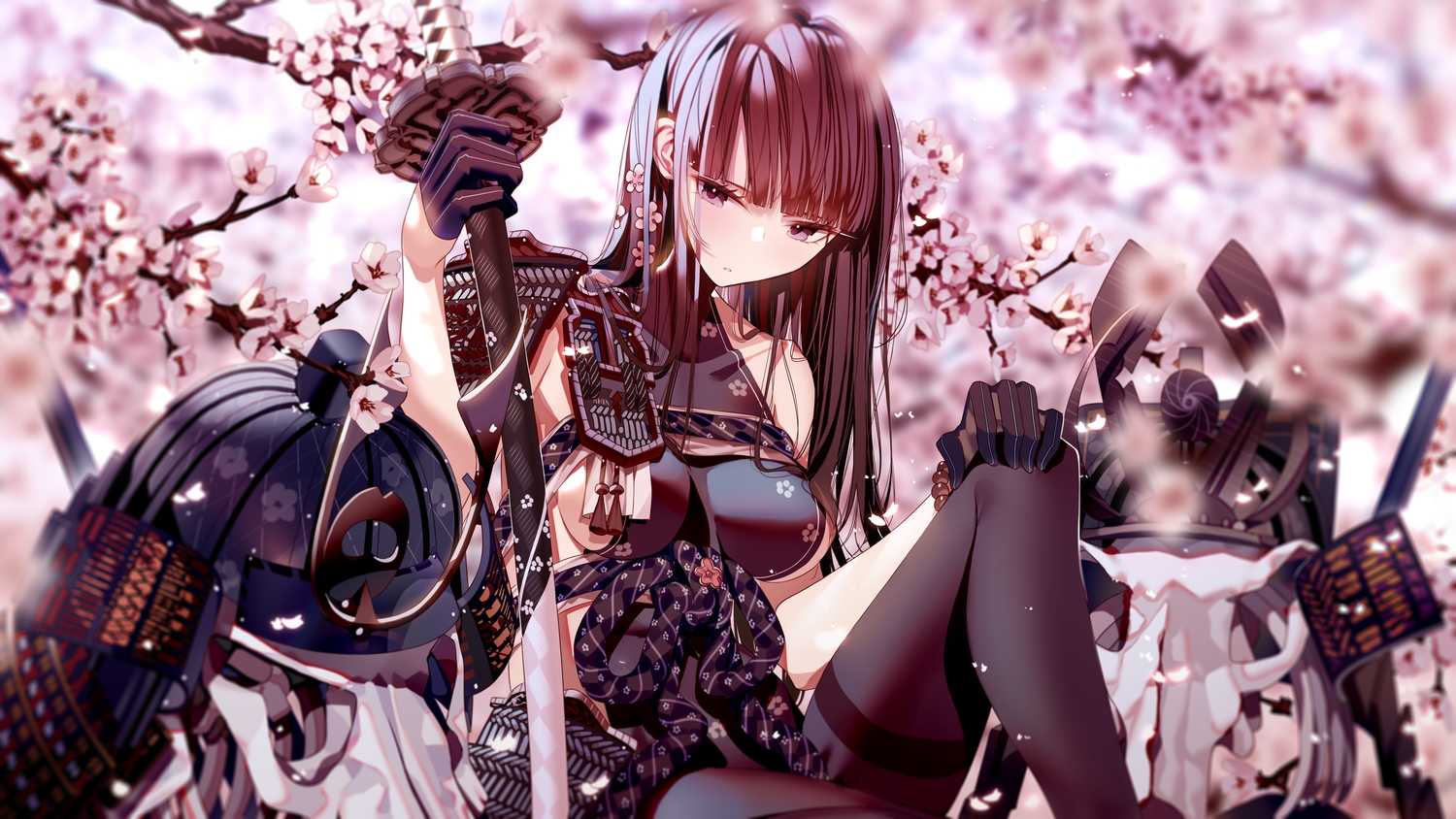 armor, atha, breasts, brown_hair, cherry_blossoms, flowers, gloves, long_hair