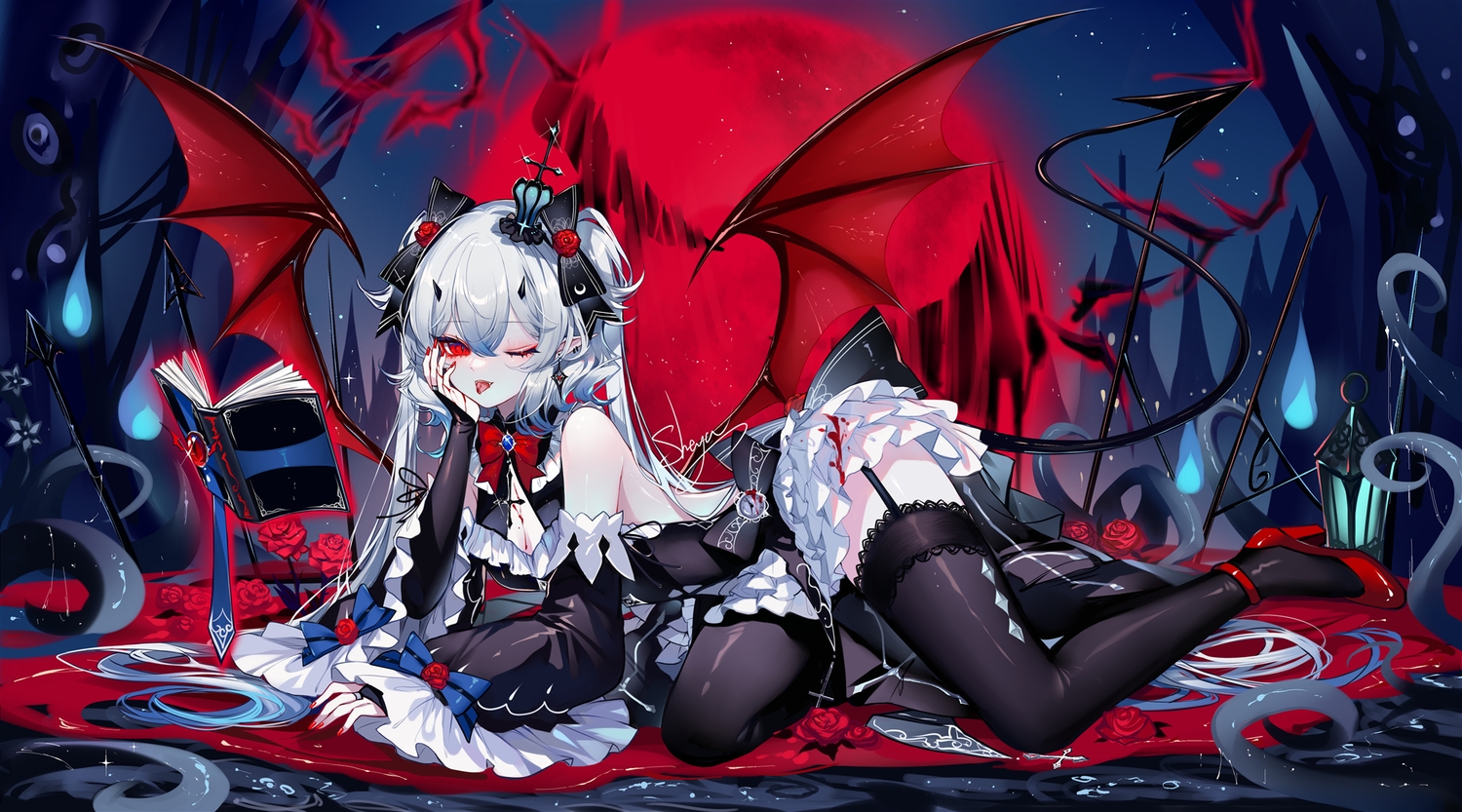 crown, garter_belt, goth-loli, lolita_fashion, long_hair, moon, night, original