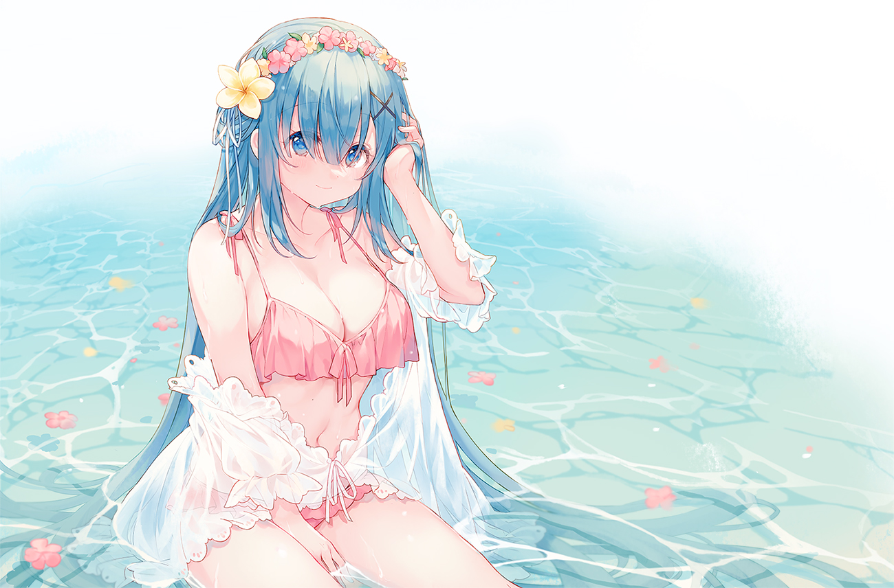 aqua_eyes, aqua_hair, bikini, blush, breasts, cleavage, eikaa, flowers