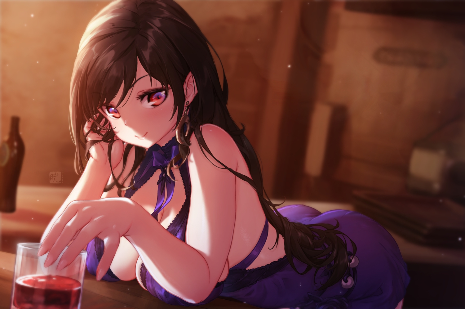 ass, black_hair, blush, bow, breasts, cleavage, dress, drink, final_fantasy, final_fantasy_vii, long_hair, mitsu_(mitsu_art), red_eyes, tifa_lockhart, watermark