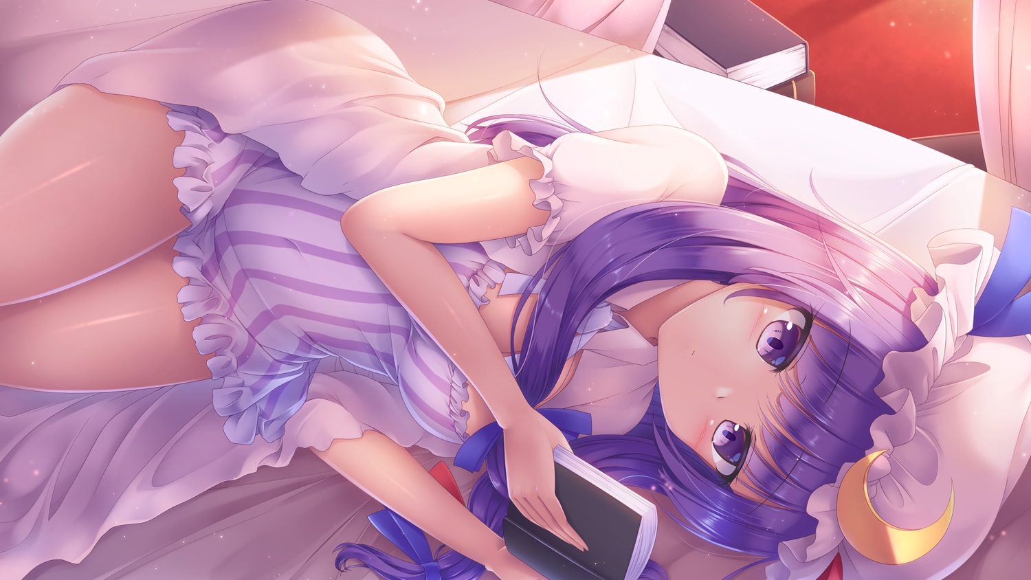 bed, blush, book, breasts, cleavage, dress, hat, long_hair