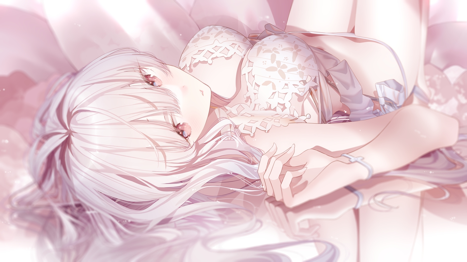 atha, blush, breasts, brown_eyes, cleavage, cross, fate/grand_order, fate_(series), gray_hair, long_hair, merlin_(fate/prototype), navel, panties, polychromatic, reflection, underwear, wristwear