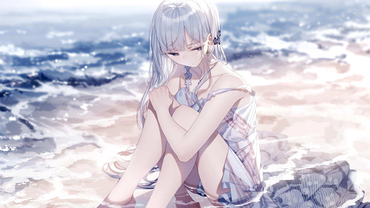 atha, barefoot, beach, dress, gray_eyes, green_hair, long_hair, necklace