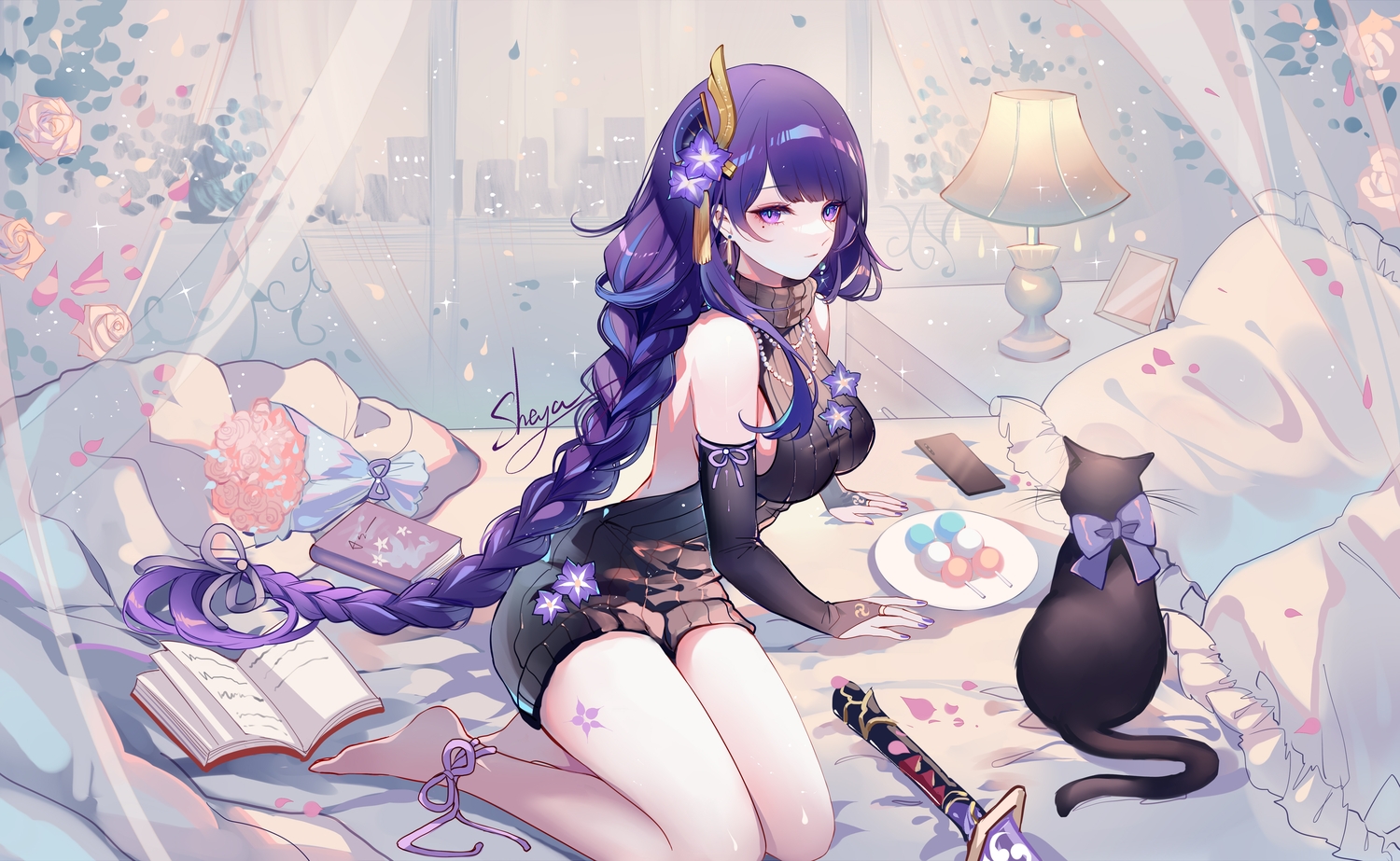 animal, book, braids, cat, food, genshin_impact, katana, long_hair, purple_eyes, purple_hair, raiden_shogun, sheya, signed, sword, weapon