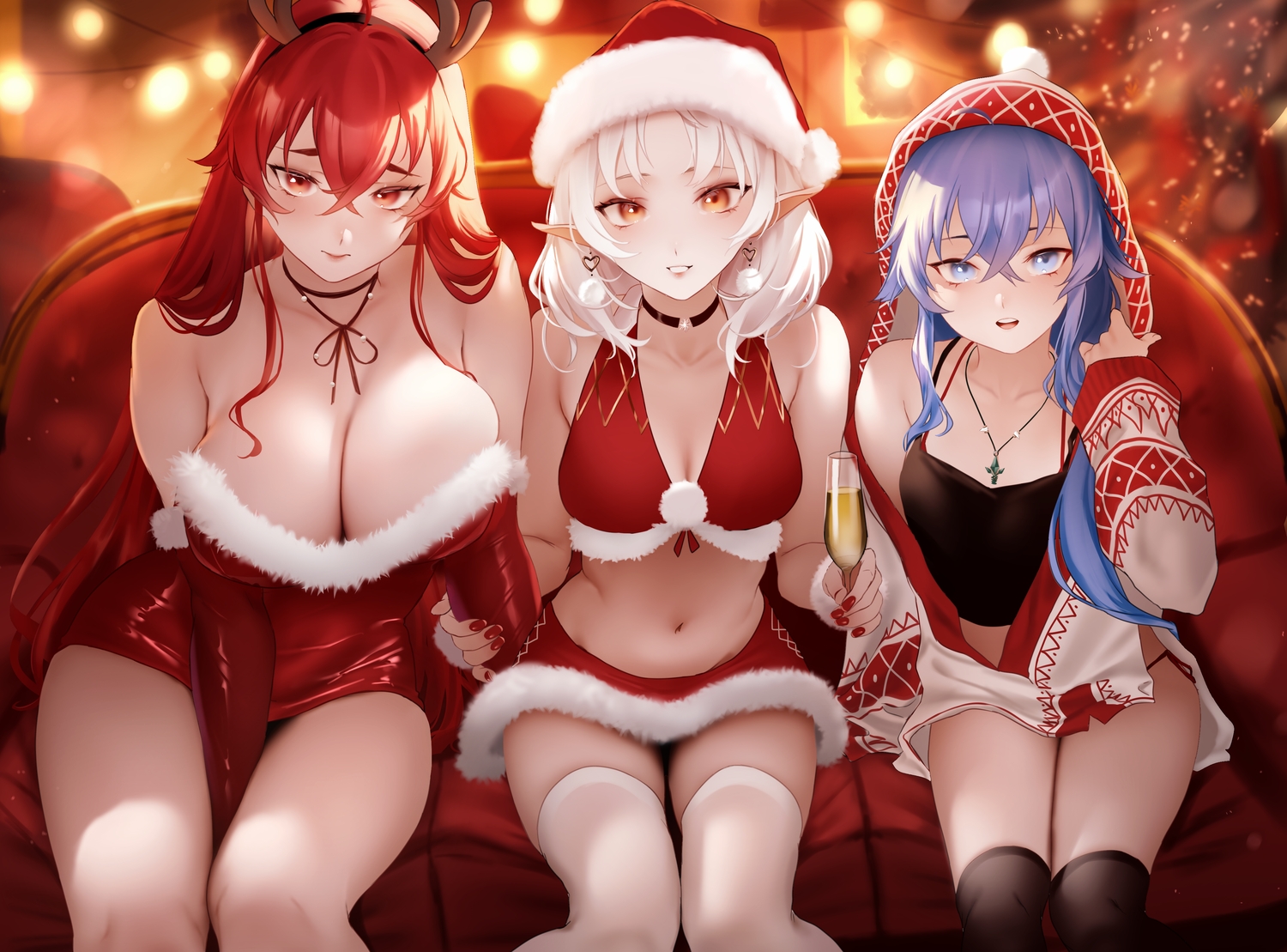bikini_top, blue_eyes, blue_hair, breast_hold, breasts, choker, christmas, cleavage, dress, elbow_gloves, eris_greyrat, flat_chest, gloves, hat, headband, hood, horns, long_hair, mushoku_tensei, necklace, orange_eyes, pointed_ears, red_eyes, red_hair, roxy_migurdia, santa_hat, short_hair, skirt, sylphiette_(mushoku_tensei), thighhighs, white_hair, zasshu, zettai_ryouiki