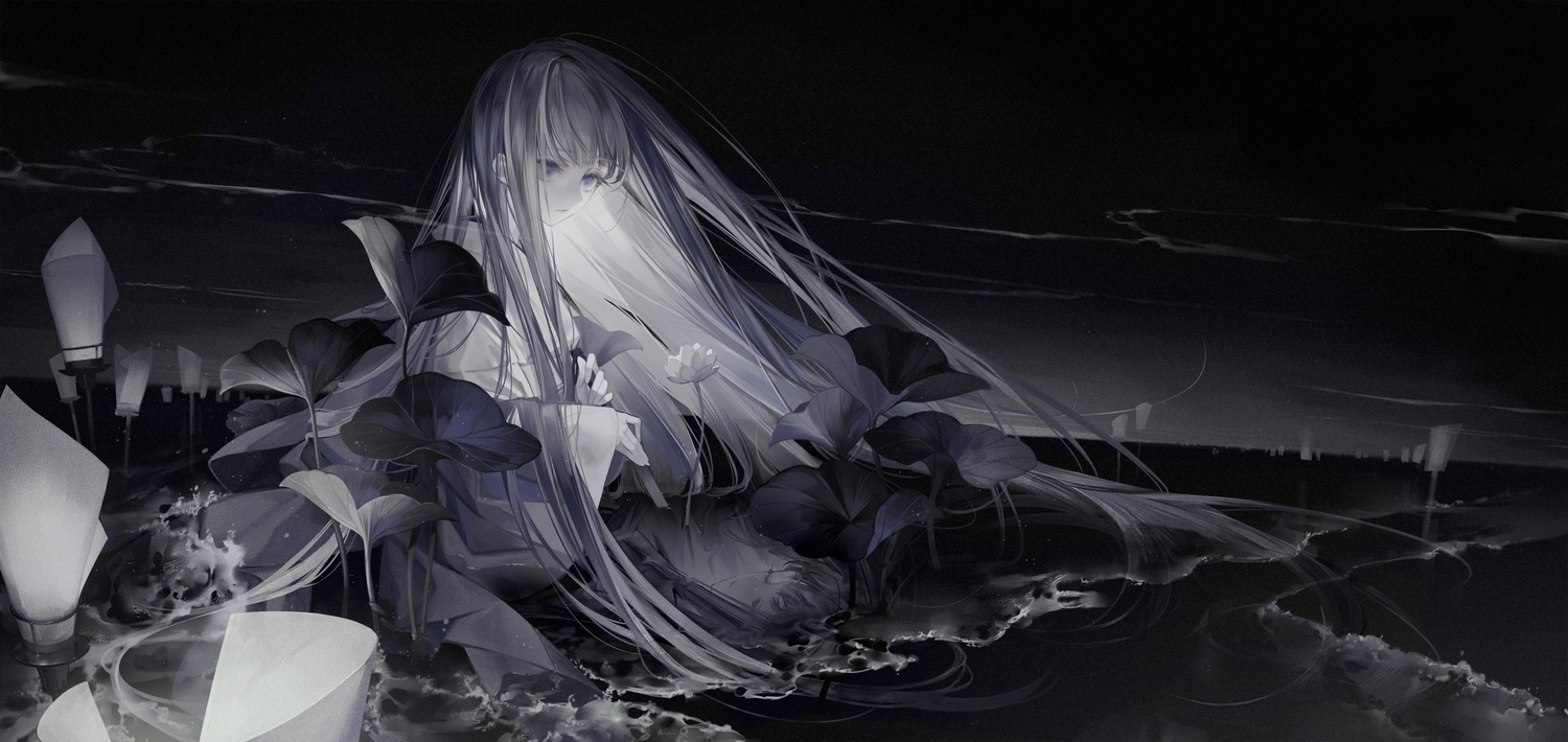 aitsuki_nakuru, dark, flowers, gray_eyes, gray_hair, la_priere, long_hair, monochrome, water, yoggi_(stretchmen)