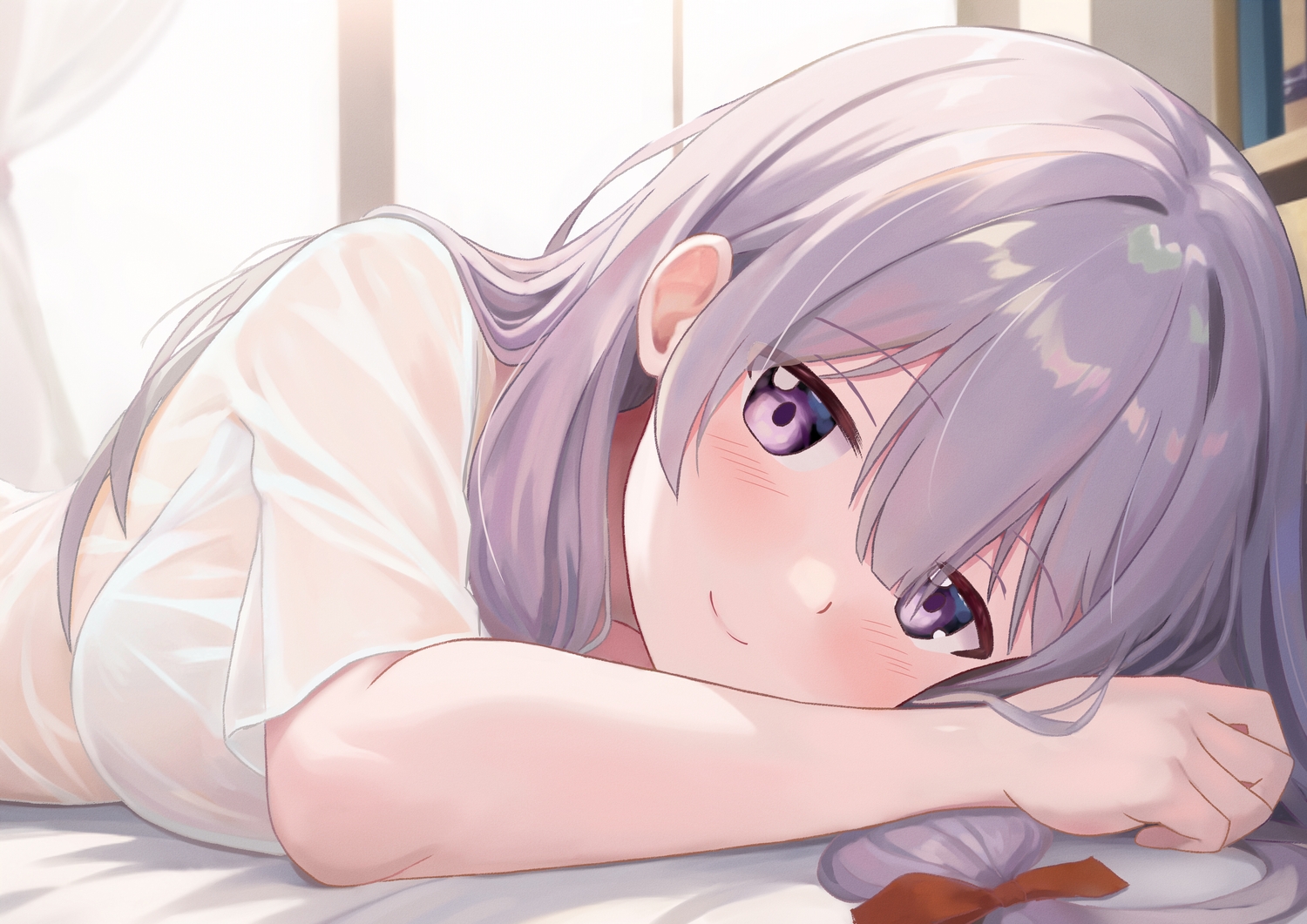 bed, blush, bow, close, hoshimitooni, long_hair, patchouli_knowledge, purple_eyes