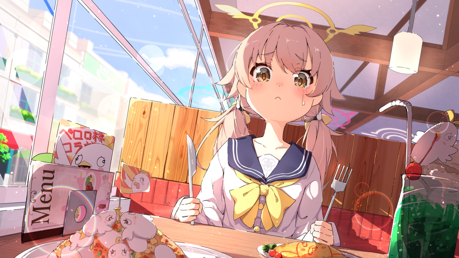 ajitani_hifumi, blue_archive, bow, brown_eyes, brown_hair, building, clouds, drink, food, halo, ice_cream, loli, long_hair, school_uniform, sky, spice_mega, twintails