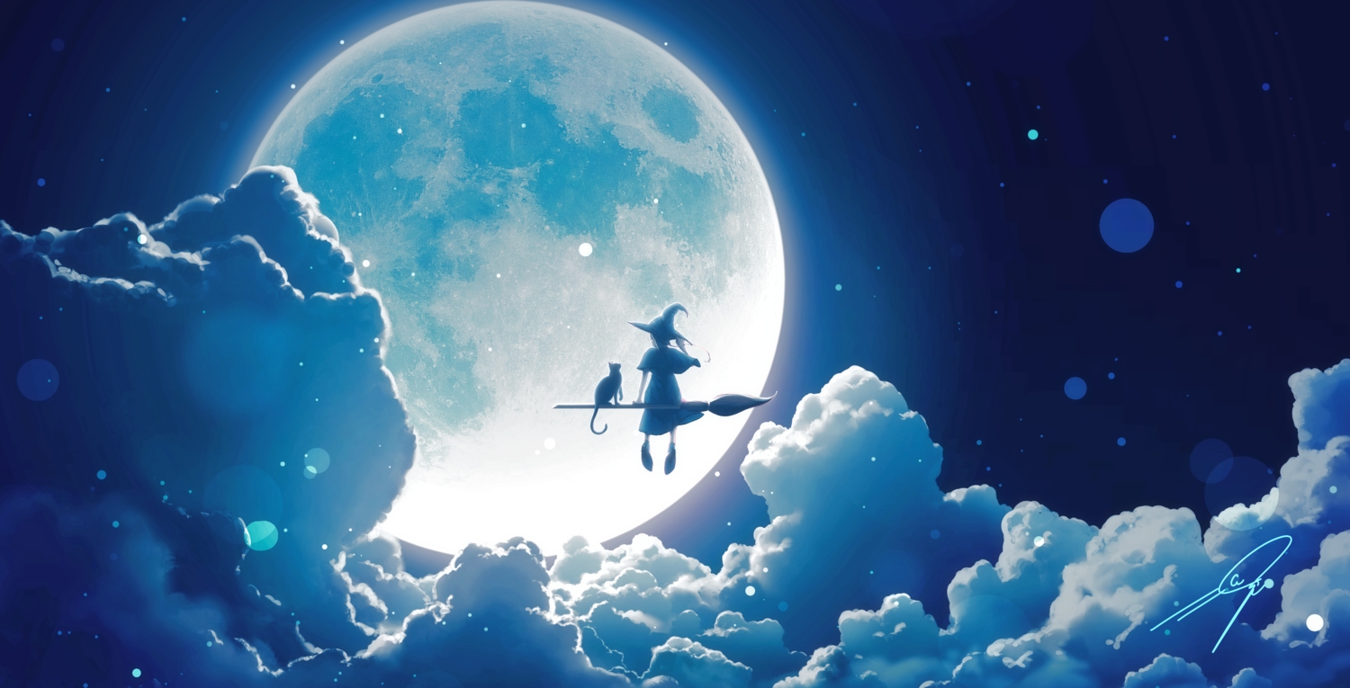 animal, cat, clouds, hat, monochrome, moon, nengoro, night, original, signed, sky, witch, witch_hat