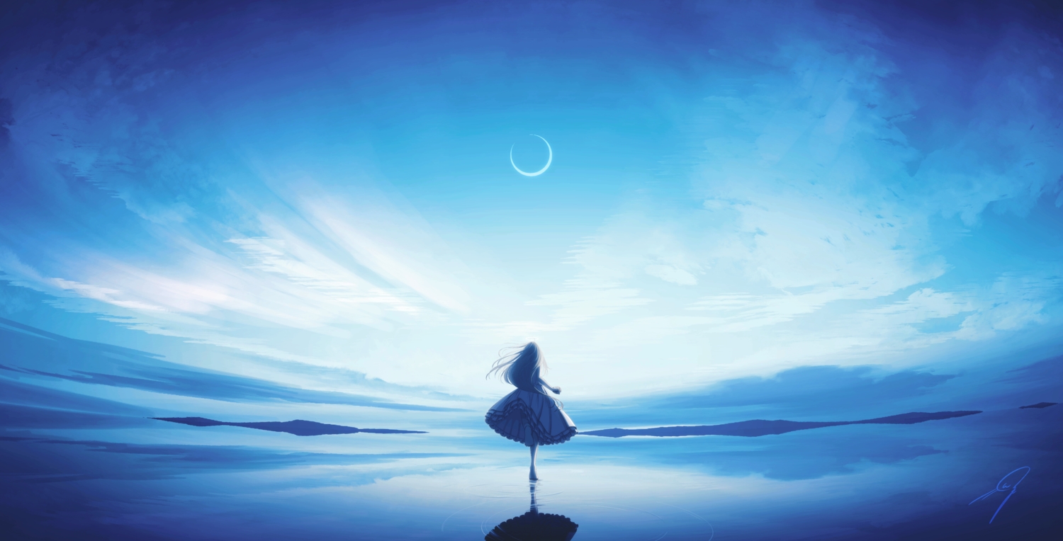 blue, dress, long_hair, monochrome, nengoro, original, reflection, signed, sky
