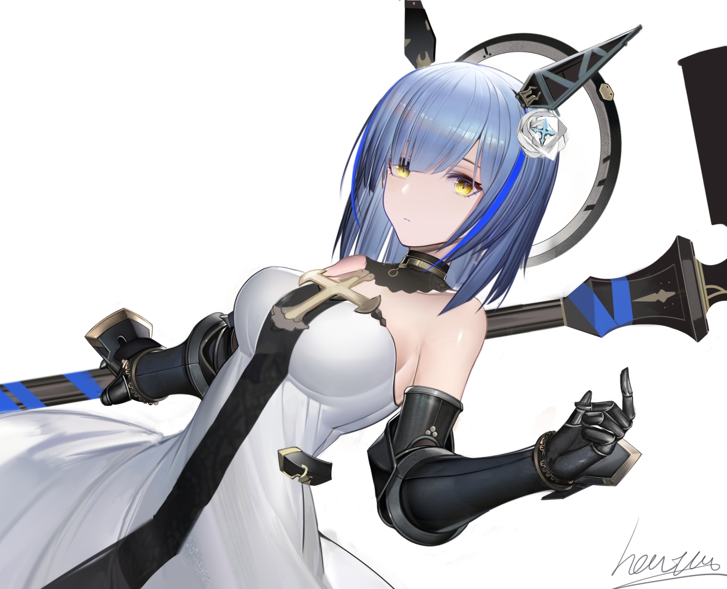anthropomorphism, armor, azur_lane, blue_hair, choker, cross, dress, elbow_gloves, gascogne_(azur_lane), gloves, halo, heatia, short_hair, signed, weapon, white, yellow_eyes