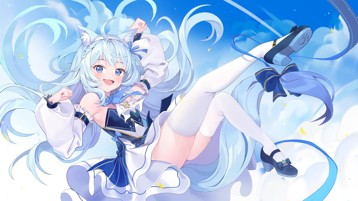 all_male, animal_ears, aqua_hair, blue_eyes, bow, braids, catboy, clouds