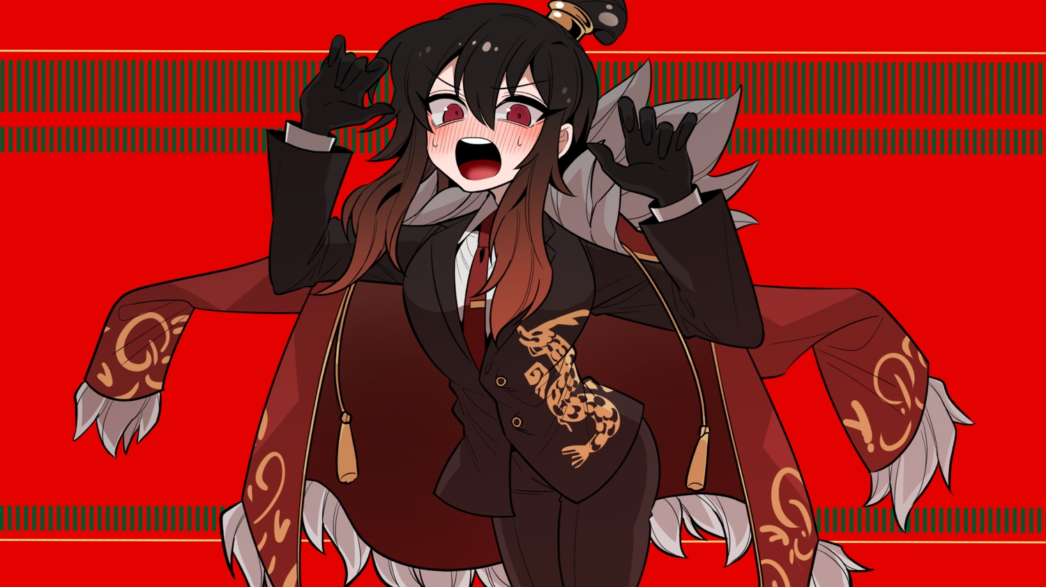 69_ronku, black_hair, blush, cape, gloves, library_of_ruina, long_hair, project_moon