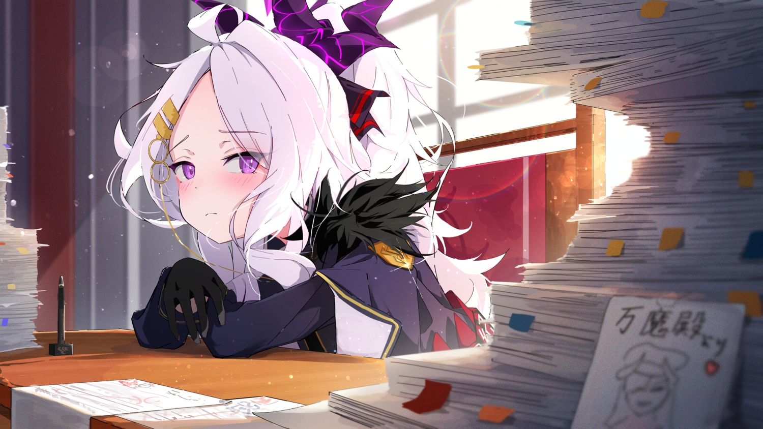 blue_archive, blush, cape, gloves, horns, long_hair, paper, ponytail