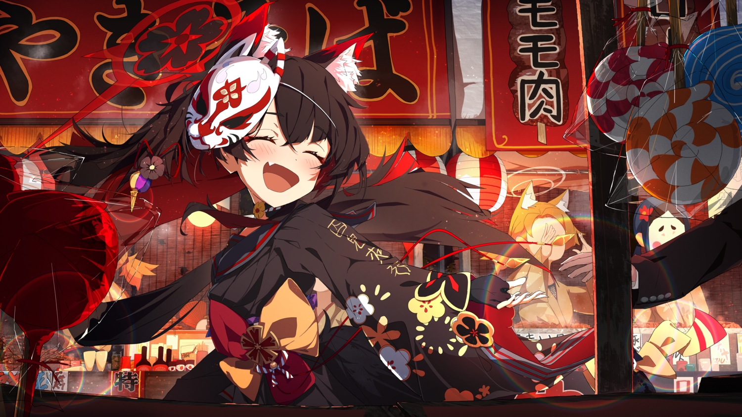 apple, black_hair, blonde_hair, blue_archive, blush, bow, candy, drink