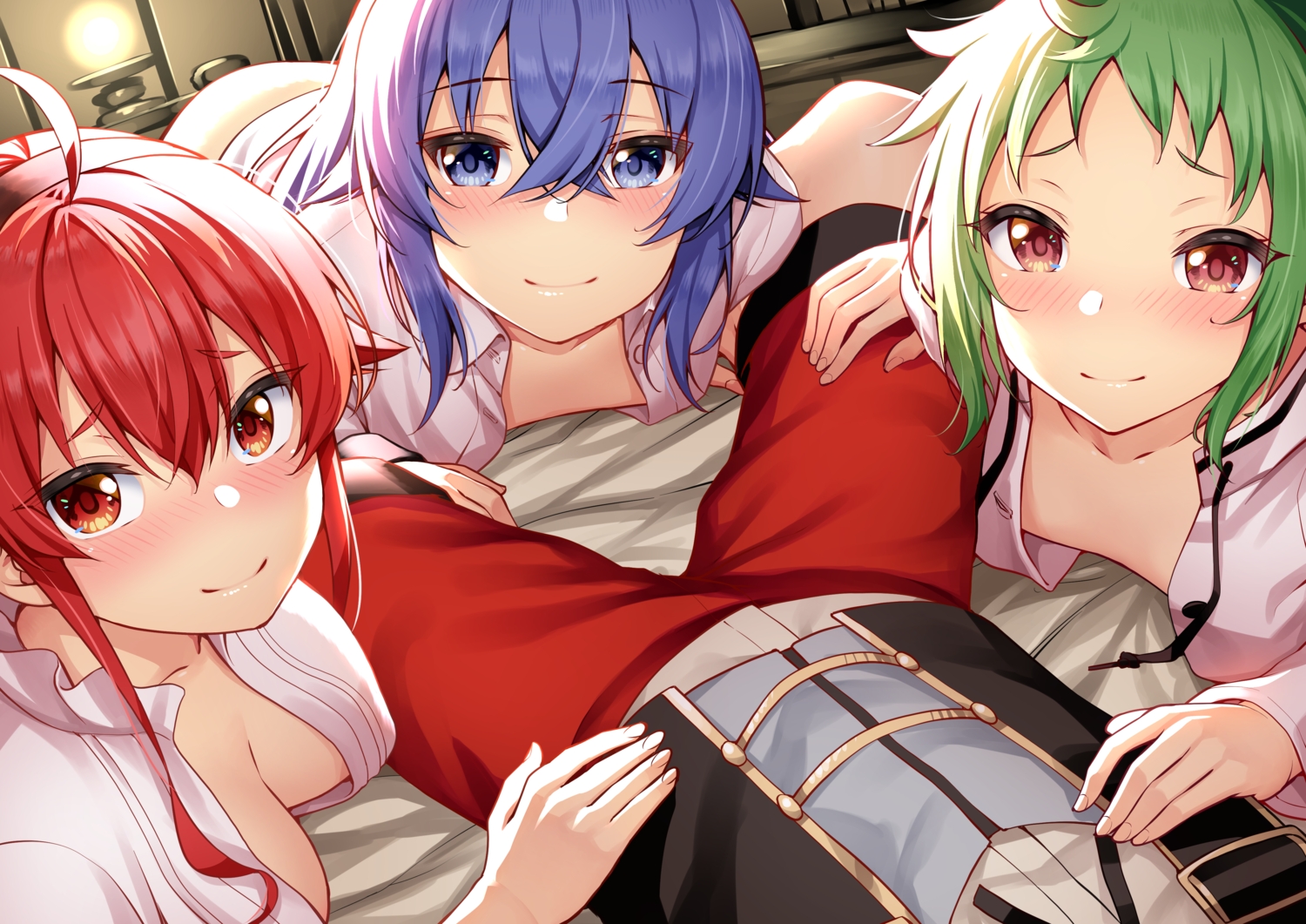 blue_eyes, blue_hair, blush, breasts, cleavage, eris_greyrat, green_hair, group