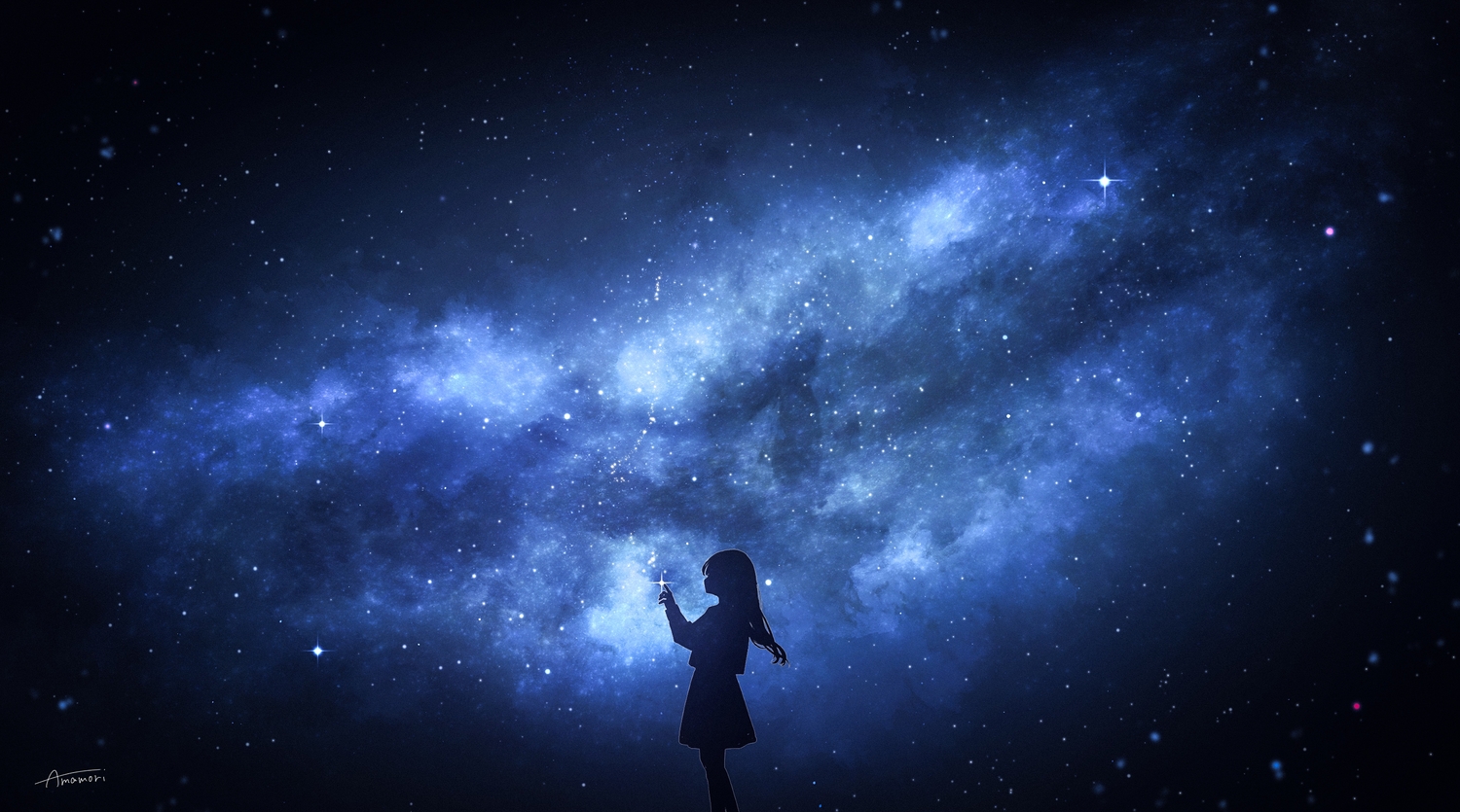 aliasing, amenomori_howa, blue, long_hair, monochrome, night, original, signed