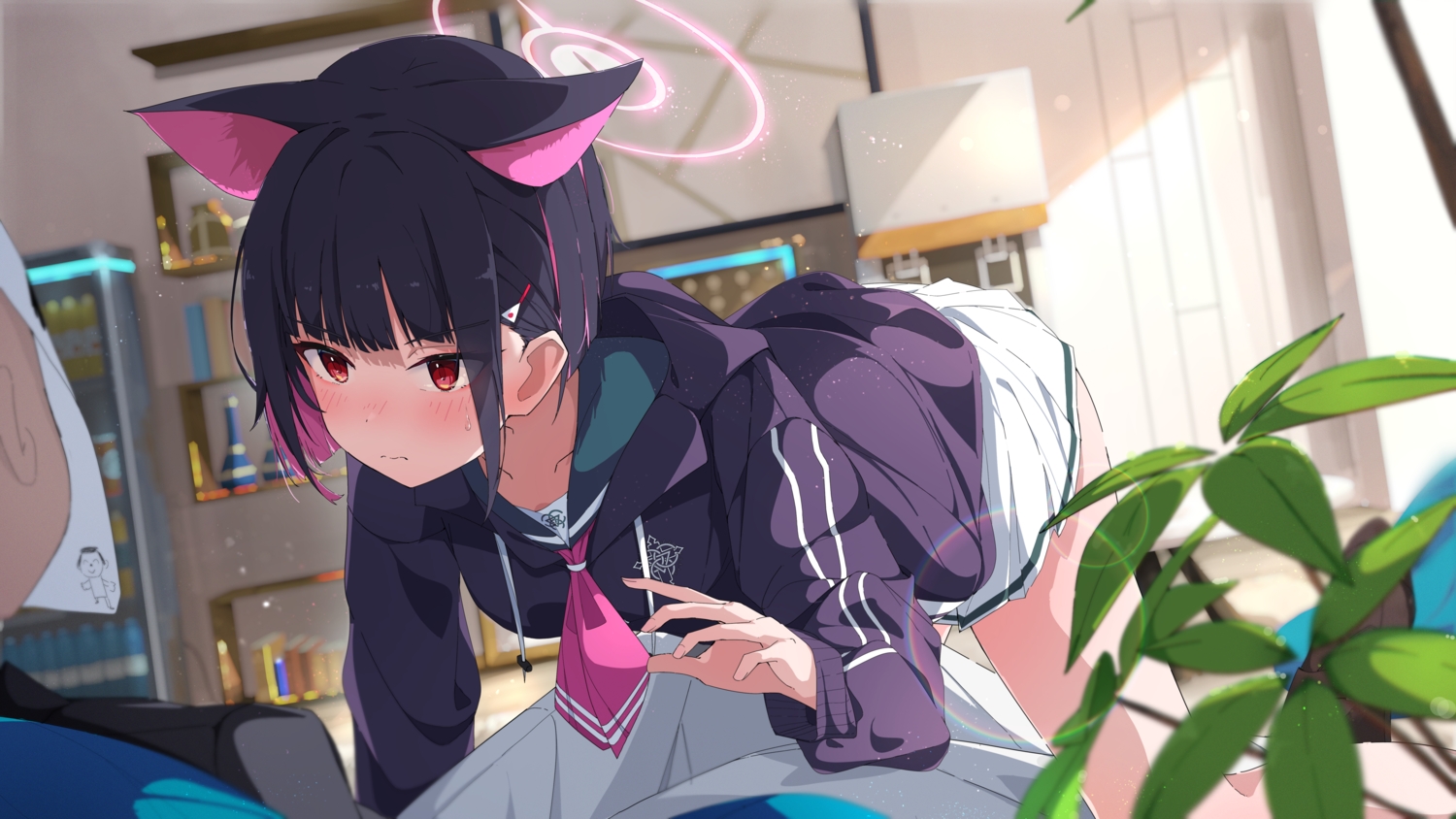 animal_ears, black_hair, blue_archive, blush, catgirl, halo, hood, kyouyama_kazusa, leaves, male, red_eyes, school_uniform, shirt, short_hair, skirt, spice_mega