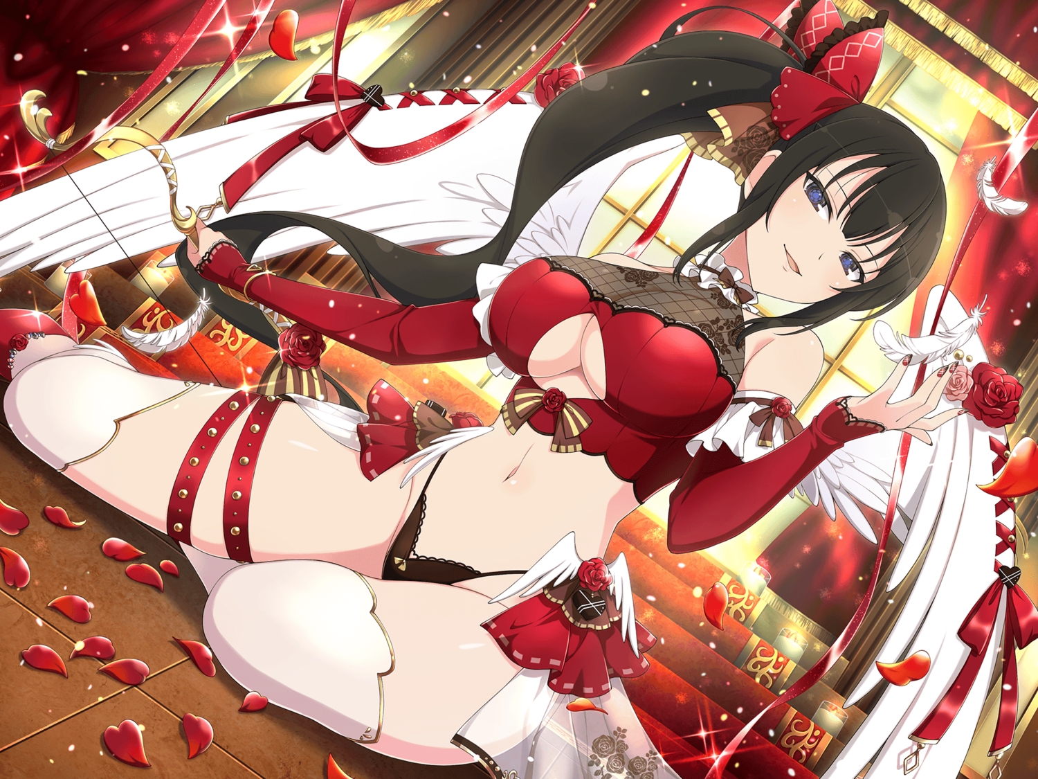 black_hair, blue_eyes, bow, bow_(weapon), breasts, cleavage, feathers, flowers, garter, kagura_(senran_kagura), navel, no_bra, panties, ponytail, ribbons, rose, senran_kagura, stairs, thighhighs, underboob, underwear, valentine, weapon, wings, yaegashi_nan