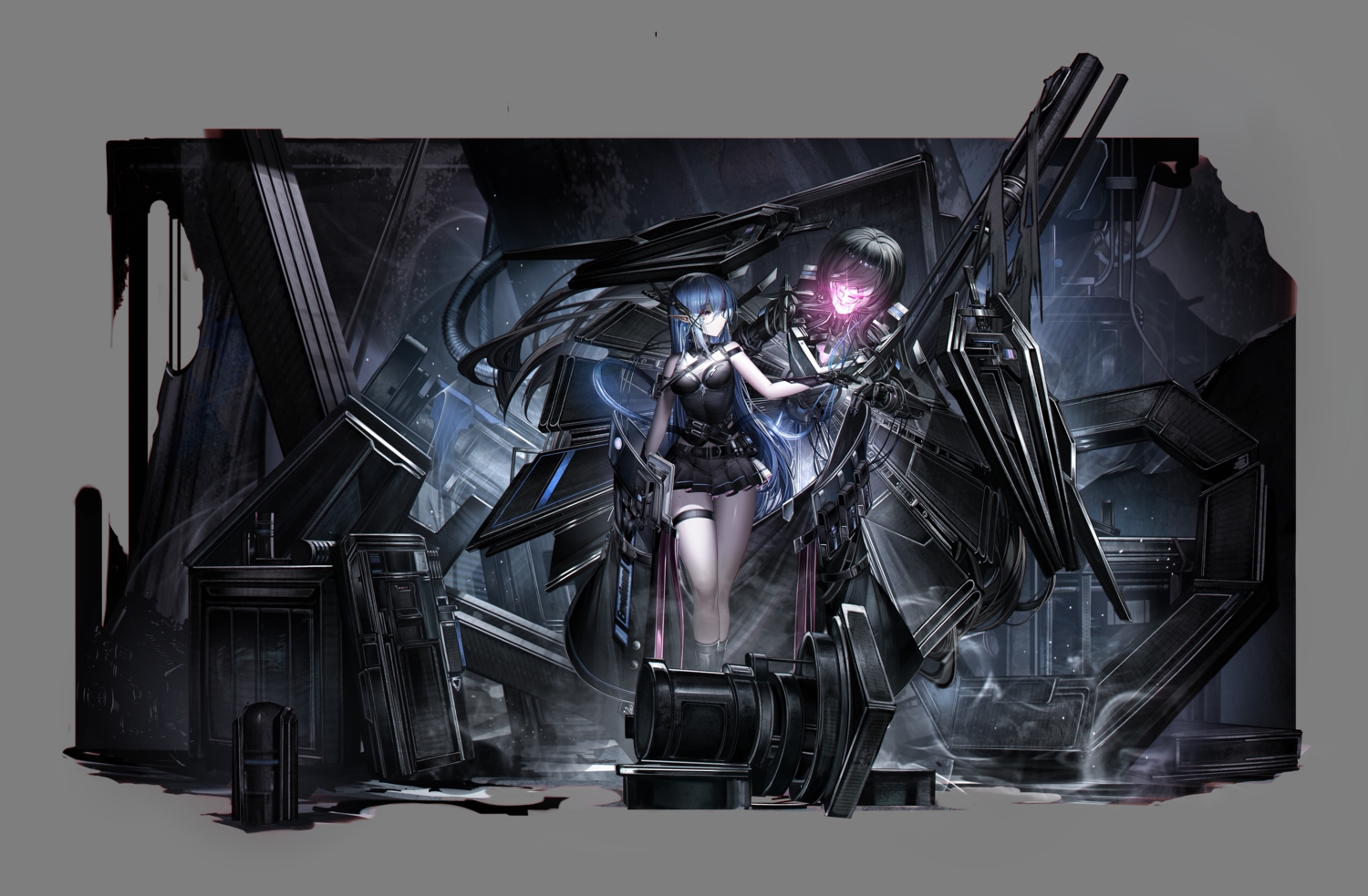 armor, blue_hair, boots, breasts, elbow_gloves, garter, gloves, heatia