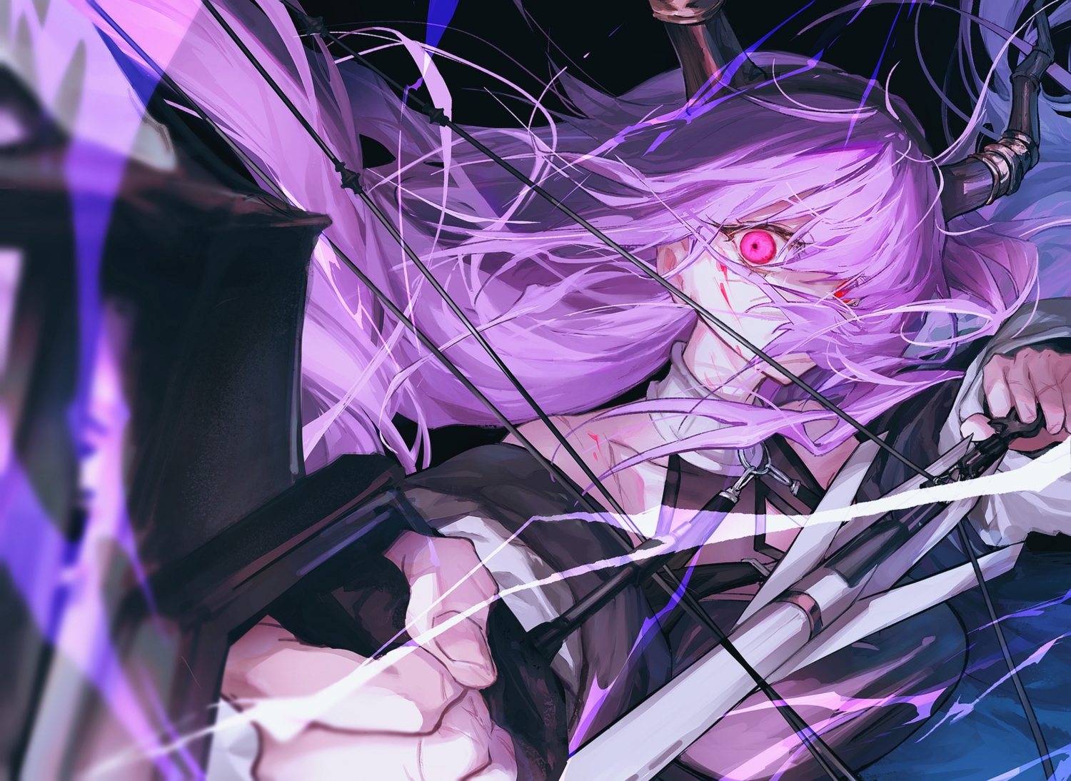 arknights, blood, bow_(weapon), close, headband, horns, long_hair, myluche
