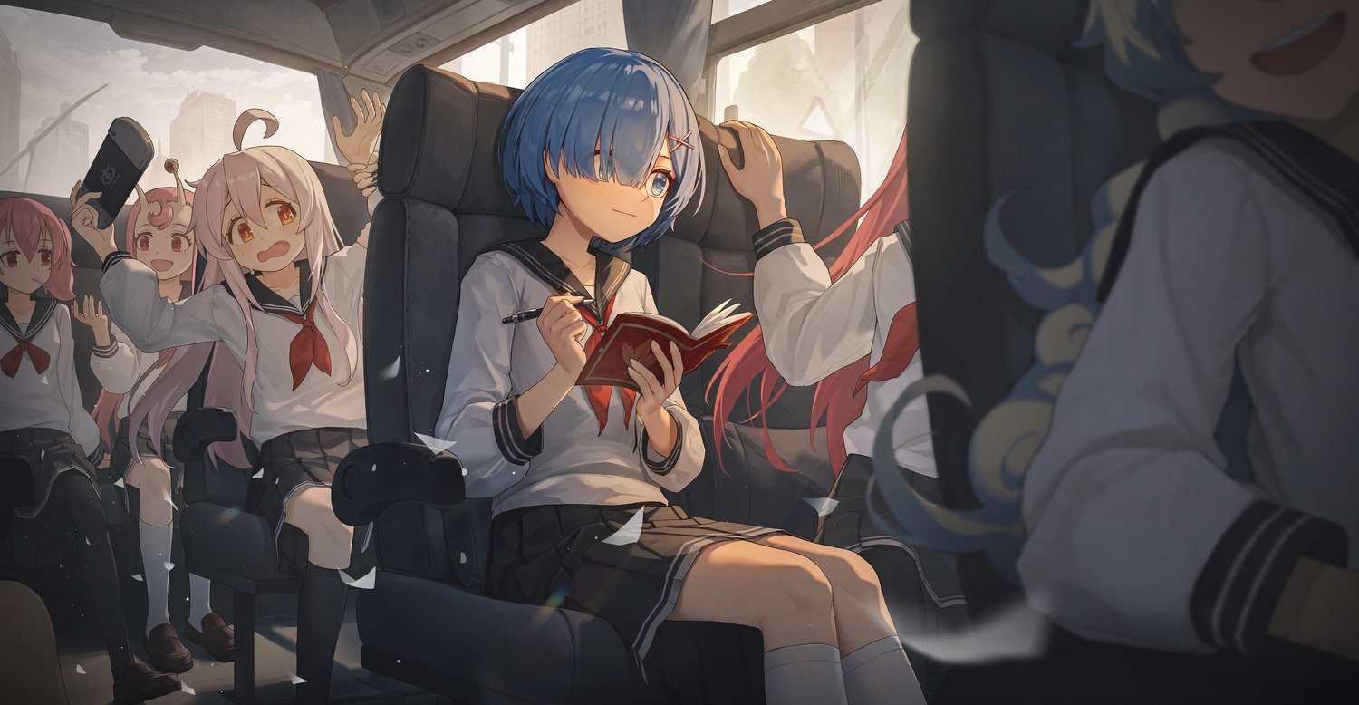 blue_eyes, blue_hair, blush, brown_eyes, building, car, city, clouds