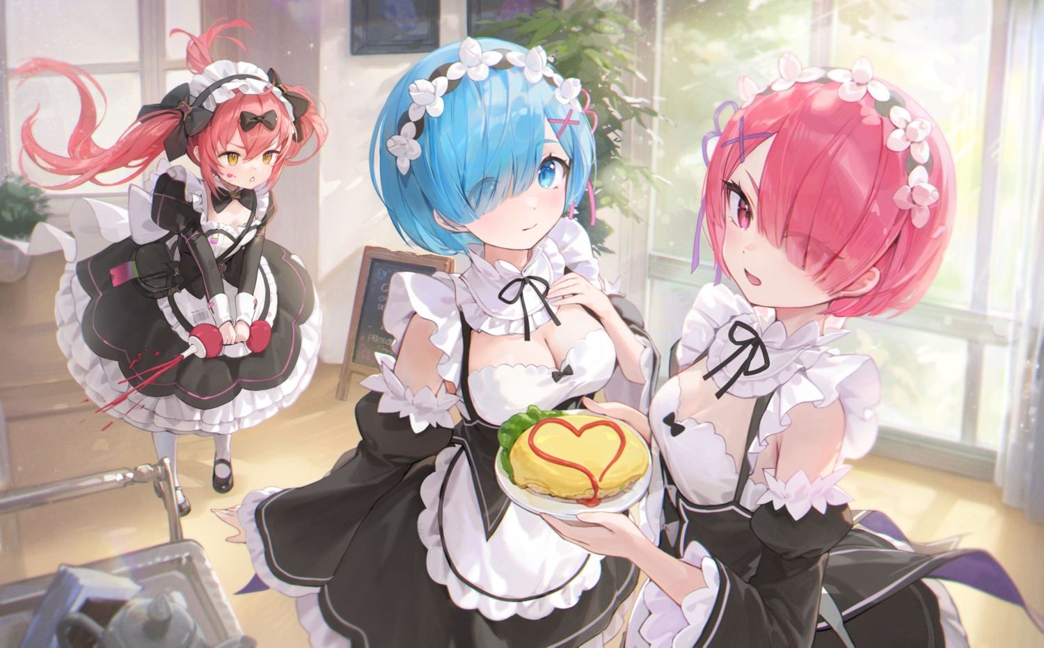 apron, aqua_eyes, aqua_hair, bow, breast_hold, breasts, cleavage, cocoa_(nikke)