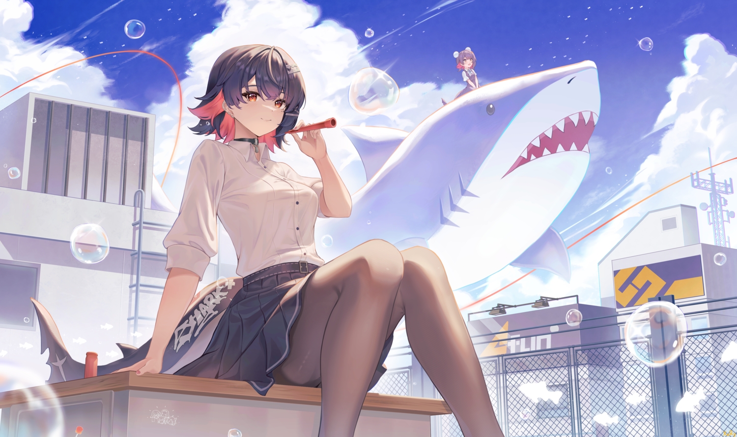 2girls, animal, black_hair, blush, bubbles, building, choker, clouds, dress, ellen_joe, loli, pantyhose, red_eyes, rooftop, school_uniform, shirt, short_hair, skirt, sky, tail, xary, zenless_zone_zero
