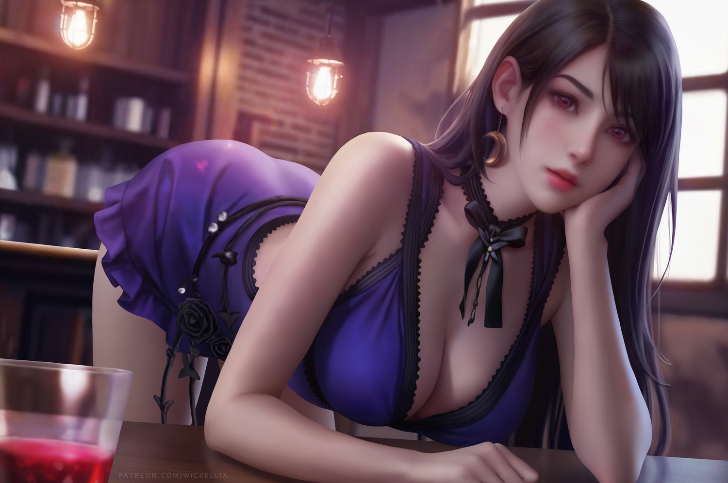 ass, black_hair, bow, breasts, choker, cleavage, dress, drink