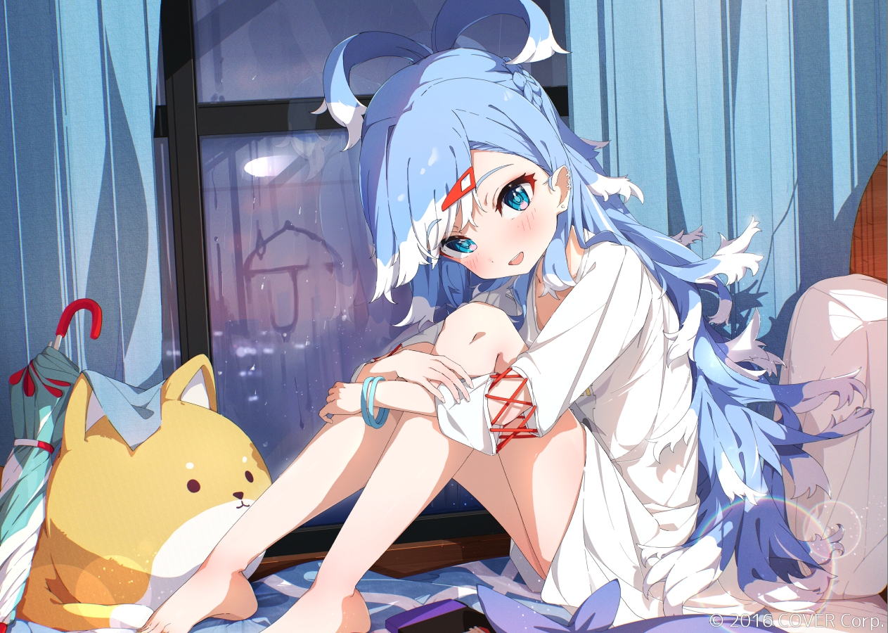 aliasing, aqua_eyes, barefoot, bed, blue_hair, blush, braids, dress