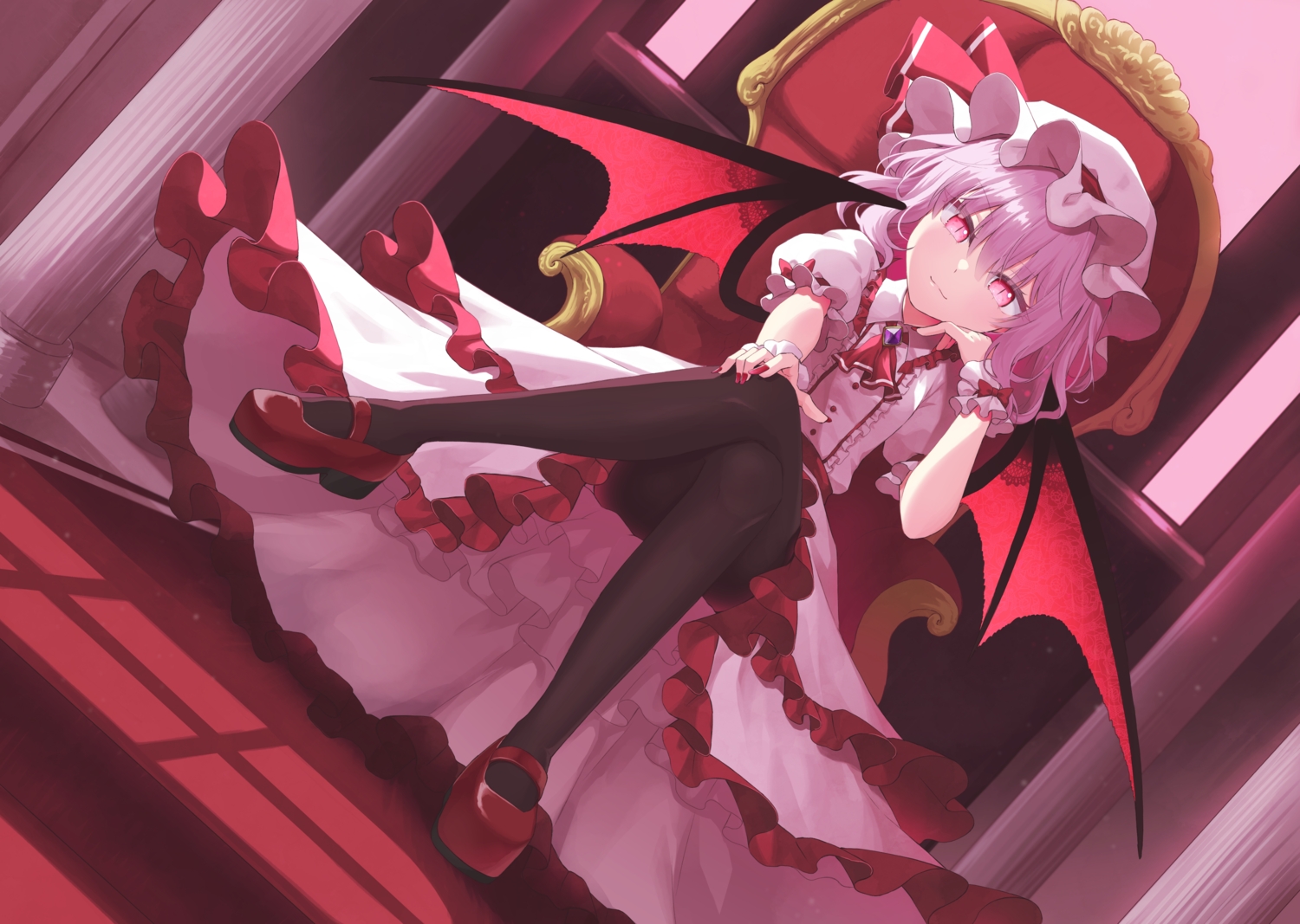 beni_kurage, bow, dress, hat, pantyhose, pink_eyes, purple_hair, remilia_scarlet
