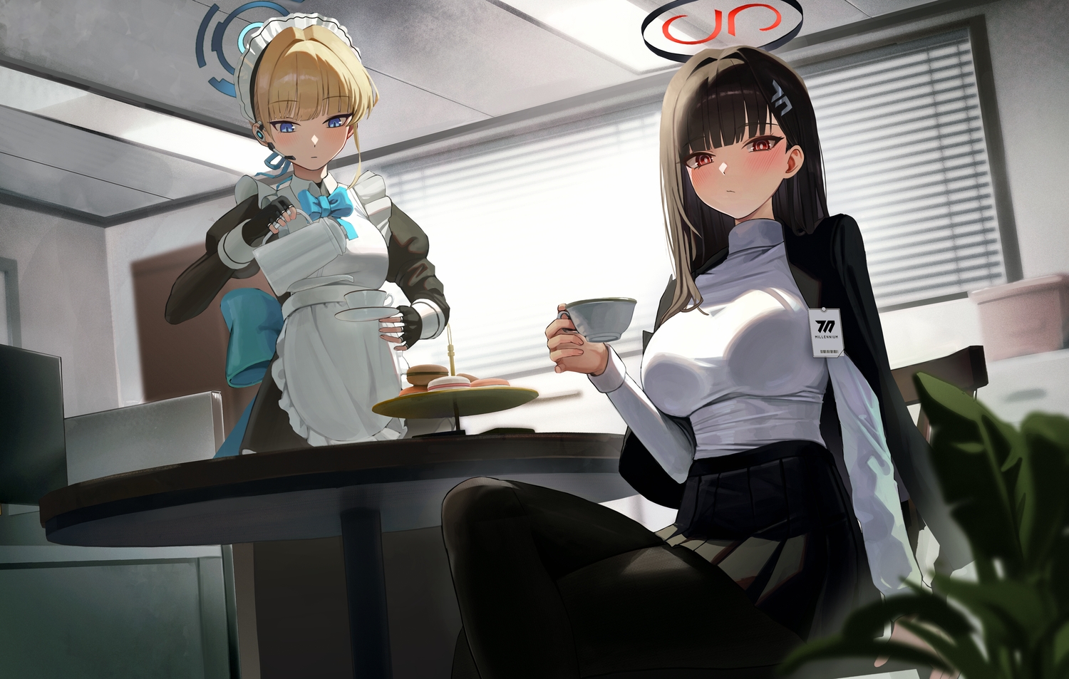 apron, asuma_toki, black_hair, blonde_hair, blue_archive, blue_eyes, blush, drink, gloves, hallo_(rltkdydrltk), halo, leaves, long_hair, maid, pantyhose, red_eyes, ribbons, short_hair, skirt, tsukatsuki_rio