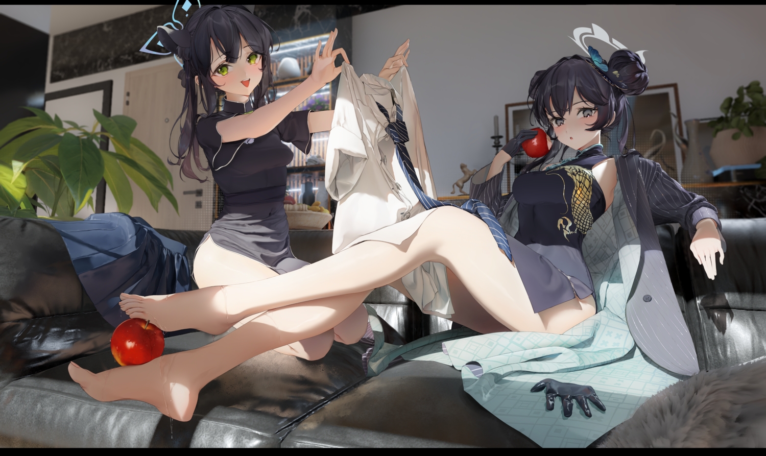 2girls, 3d, animal_ears, apple, barefoot, black_hair, blue_archive, chinese_clothes, chinese_dress, couch, dingding_(chongsangjun), dress, food, fruit, gloves, gray_eyes, green_eyes, halo, leaves, long_hair, pubic_hair, ryuuge_kisaki, sitting, sunohara_shun, twintails
