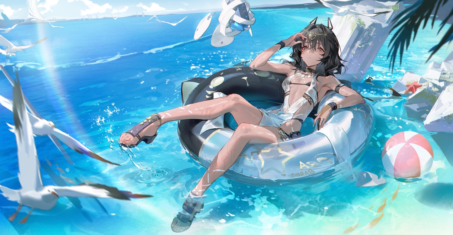 alov, animal, ball, bikini, bird, black_hair, choker, clouds