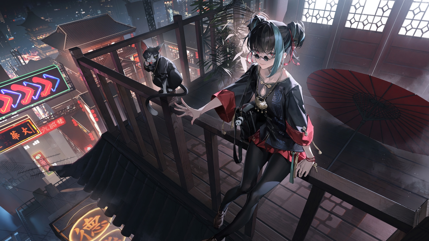 alov, animal, black_hair, building, cat, chinese_clothes, city, glasses