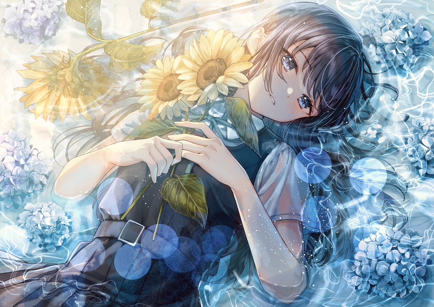 black_hair, blue_eyes, blush, bow, dress, flowers, jpeg_artifacts, leaves