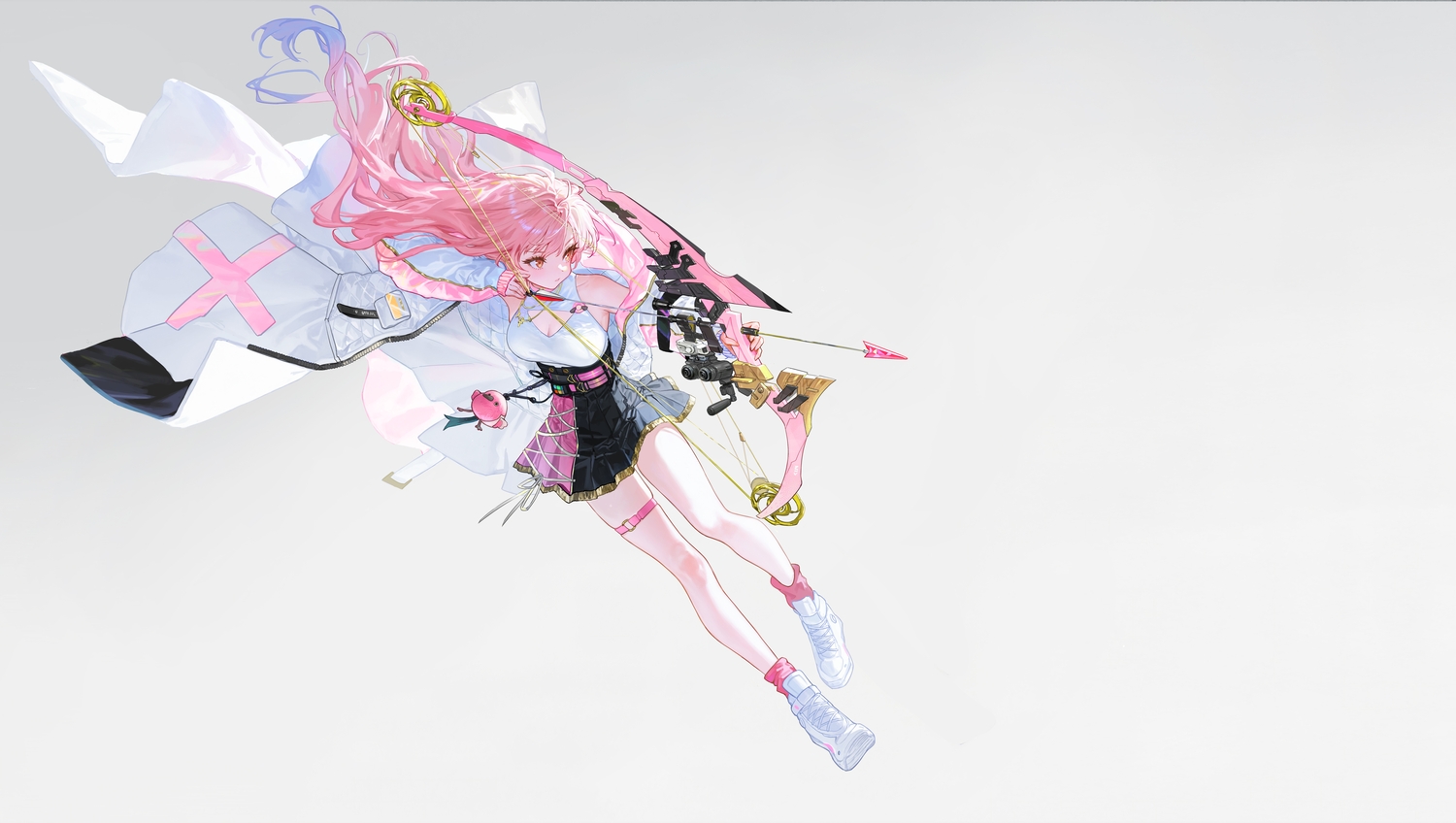 bow_(weapon), breasts, cleavage, garter, gradient, gray, long_hair, necklace, original, pink_hair, red_eyes, skirt, socks, tameiki, weapon