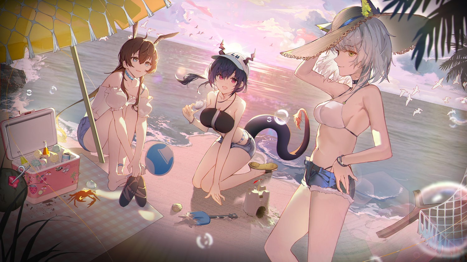 amiya_(arknights), animal, animal_ears, arknights, barefoot, beach, bikini, black_hair, blue_eyes, breasts, brown_hair, bubbles, bunny_ears, bunnygirl, catgirl, ch'en_(arknights), choker, cleavage, clouds, crab, drink, fan, gray_hair, green_eyes, hat, horns, kal'tsit_(arknights), kuren_kren, long_hair, red_eyes, short_hair, shorts, sky, sunset, swimsuit, tail, umbrella, water, wristwear