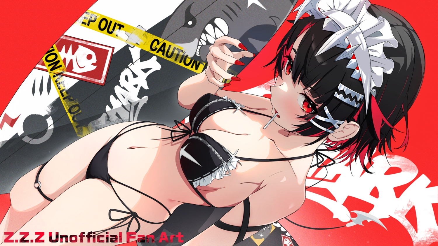 bikini, black_hair, breasts, candy, cleavage, ellen_joe, fang, garter, headdress, lollipop, navel, red_eyes, short_hair, spice_mega, swimsuit, tail, zenless_zone_zero