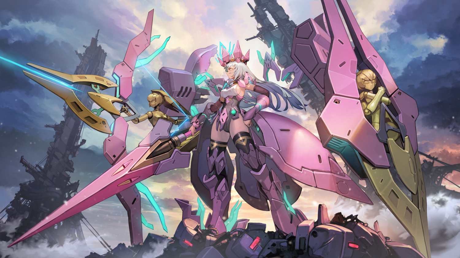 aqua_eyes, armor, bow_(weapon), breasts, clouds, convallaria_(starward), crown, elbow_gloves