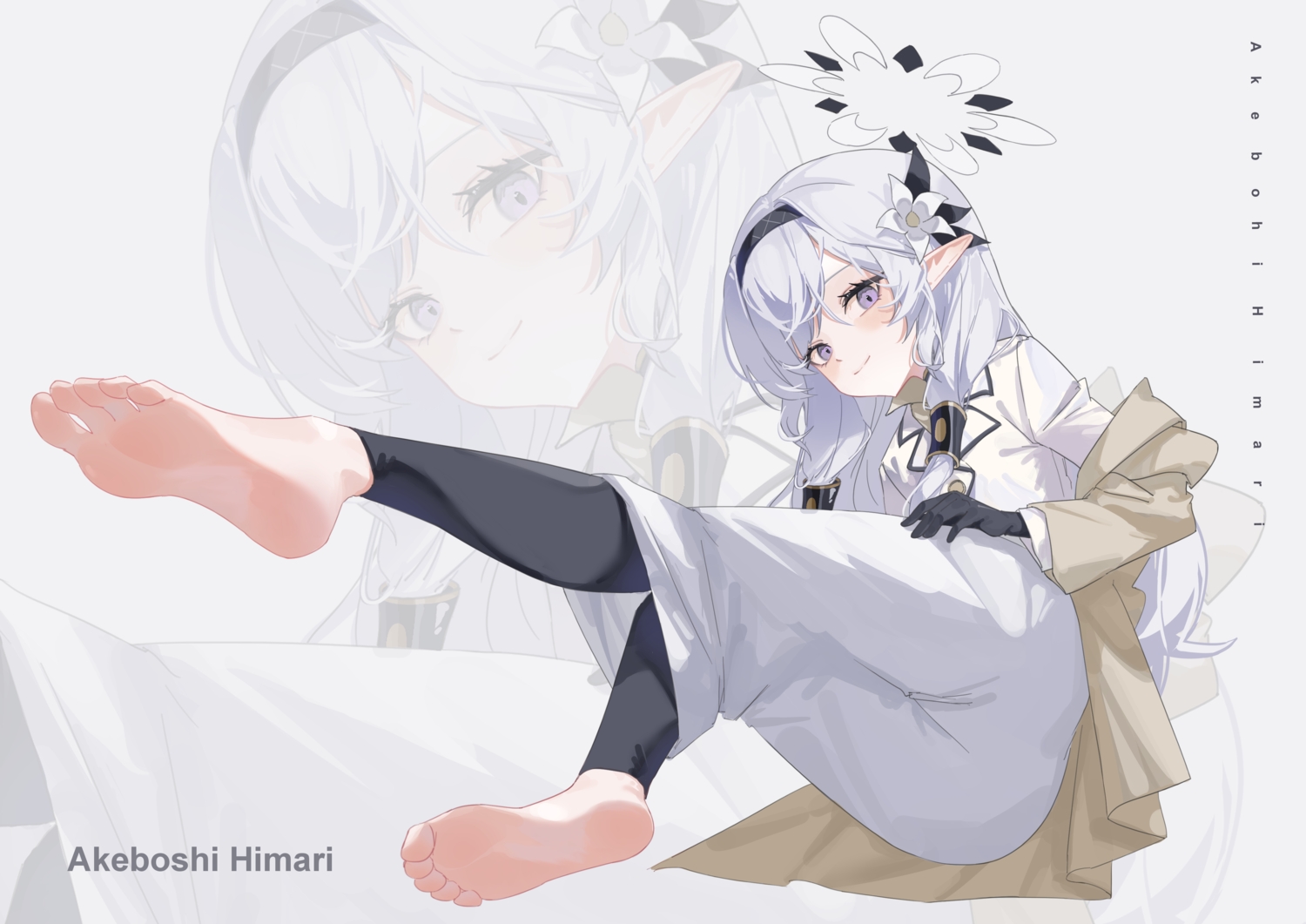 akeboshi_himari, barefoot, blue_archive, dress, gloves, gray_hair, halo, headband, long_hair, macha_bafei, purple_eyes, zoom_layer