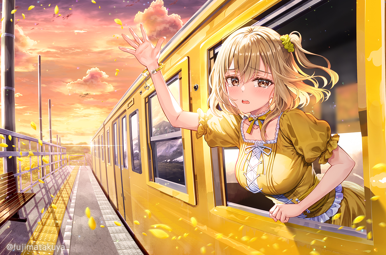 blonde_hair, blush, bow, brown_eyes, choker, close, clouds, dress