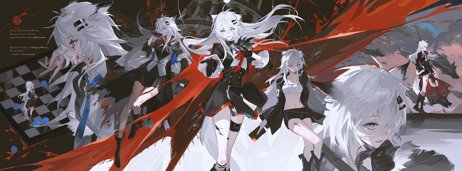 animal, animal_ears, arknights, blood, blue_eyes, boots, cape, clouds