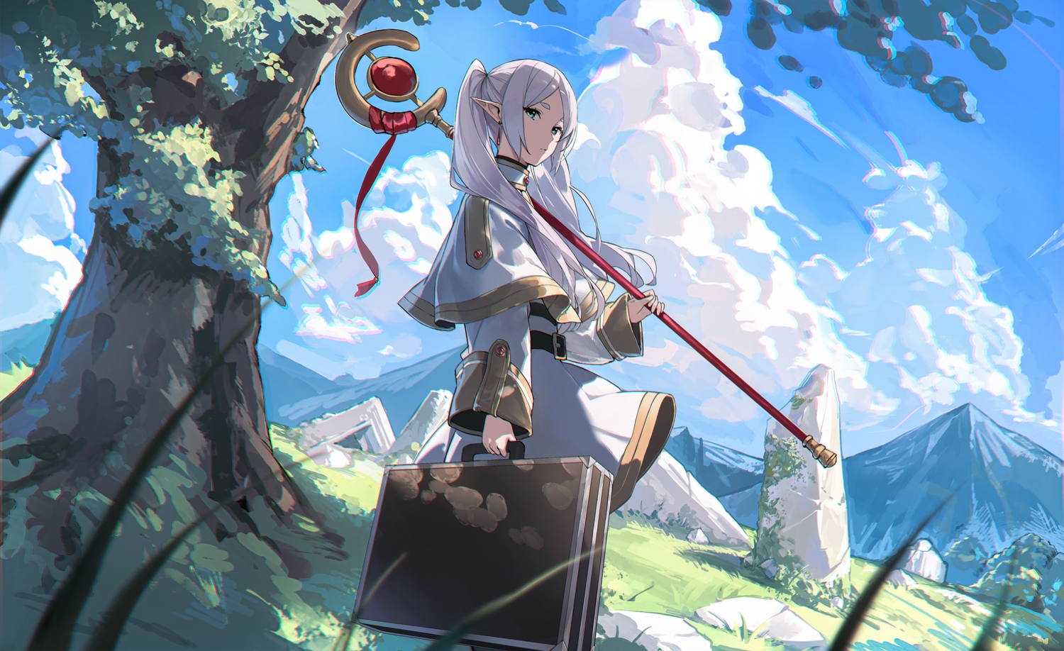 clouds, frieren, grass, gray_hair, green_eyes, landscape, long_hair, pointed_ears, ruins, scenic, shade, sky, sousou_no_frieren, staff, tree, twintails, yohaku