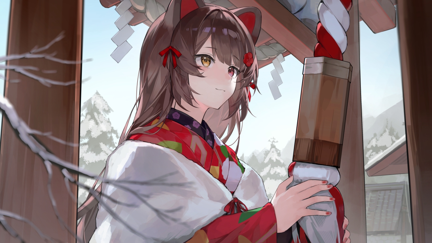 animal_ears, bicolored_eyes, bow, brown_hair, cape, cine_(wazd0183), doggirl, inui_toko, japanese_clothes, kimono, long_hair, nijisanji, rope, shrine, snow, tree, winter