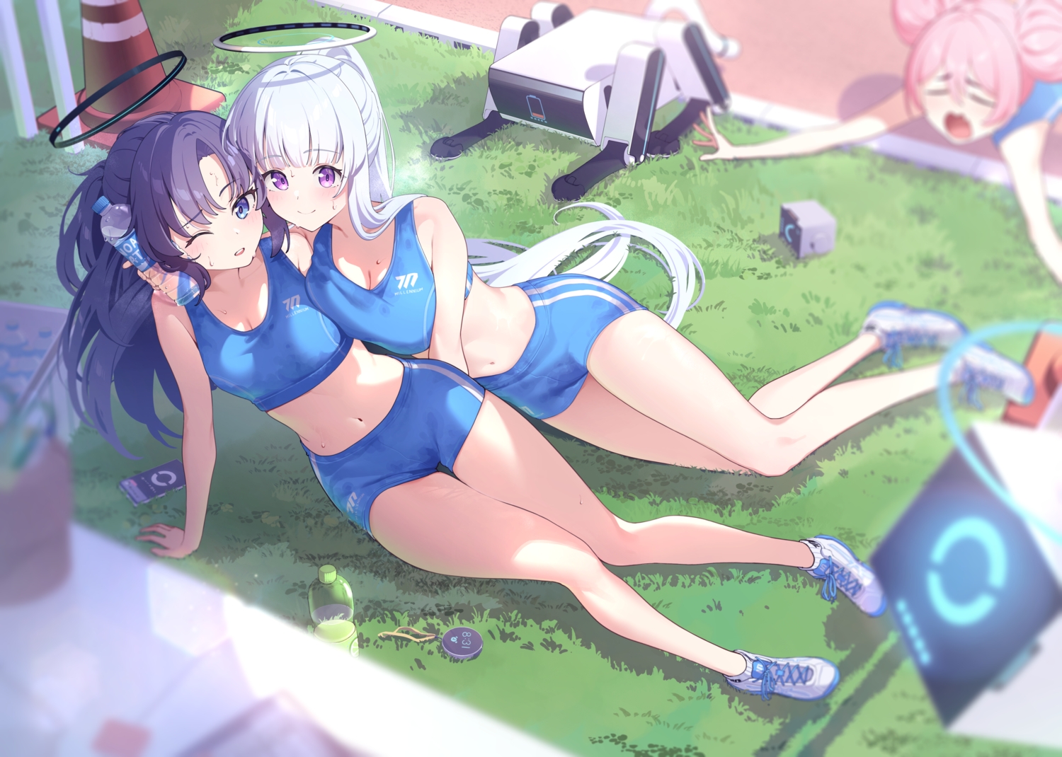blue_archive, blue_eyes, blush, drink, grass, gray_hair, gym_uniform, halo
