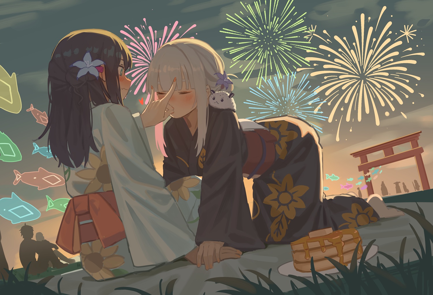 2girls, animal, aqua_eyes, black_hair, blush, cake, cho_kaguya-hime!, clouds
