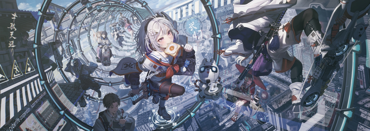 bell, black_hair, blush, boots, braids, brown_eyes, brown_hair, building
