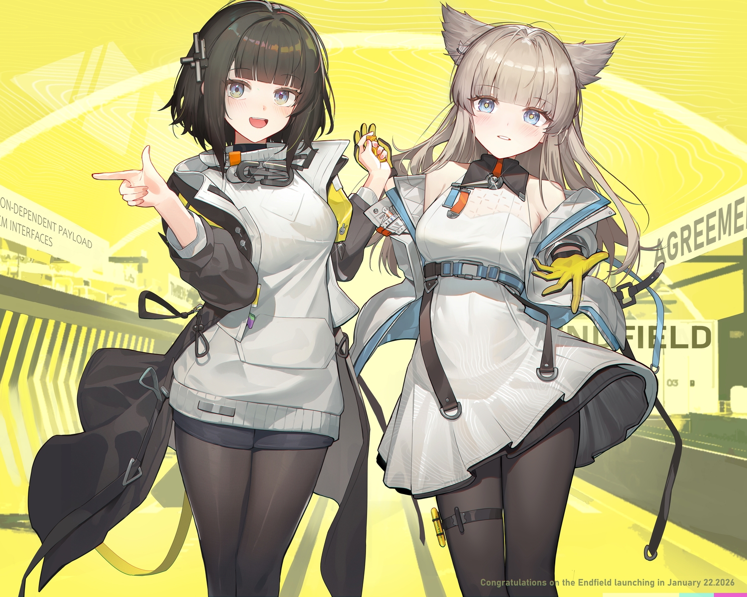 2girls, arknights, arknights:_endfield, black_hair, blue_eyes, blush, dress, endministrator_(arknights)