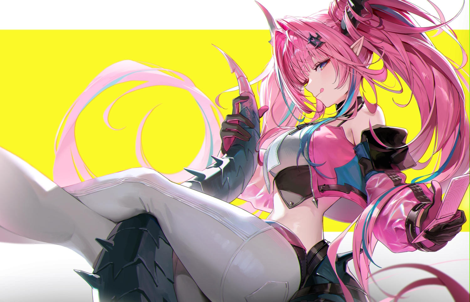 arknights, arknights:_endfield, blue_eyes, gloves, horns, long_hair, phone, pink_hair, pointed_ears, ryugisa, tail, twintails, yellow, yvonne_(arknights)